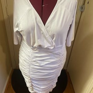 Poseshe white dress with ruching with faux wrap neck line